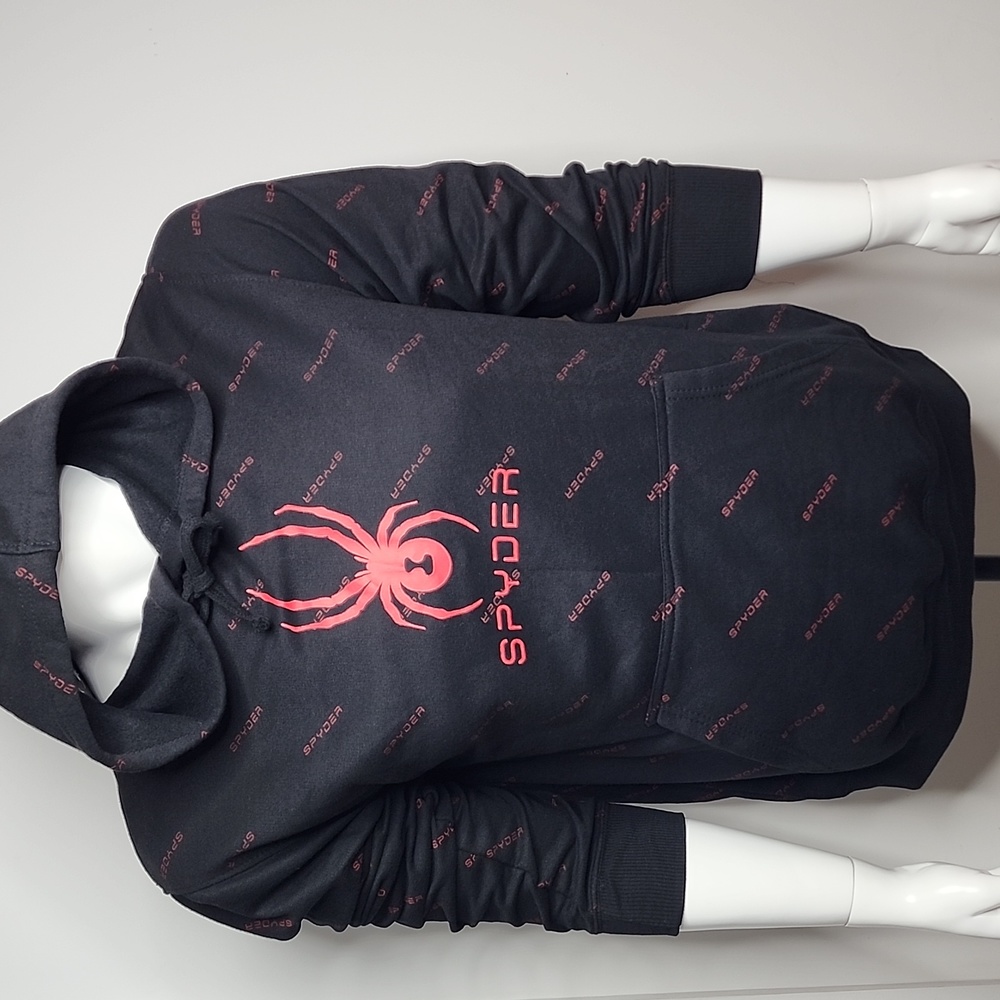 SPYDER BLACK SWEATSHIRT WITH HOODIE, THE LOGO IS RED, LARGE SIZE